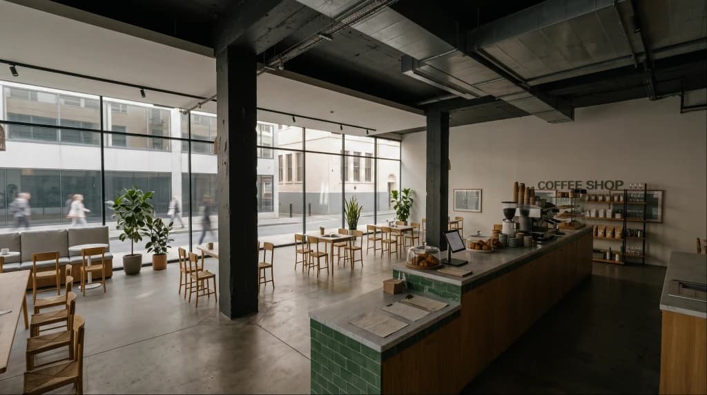 A finished coffee shop with exposed ceilings, a tiled counter, and timber furniture